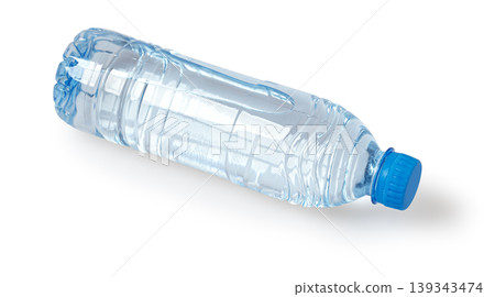 Plastic water bottle with blue cap providing refreshment Plastic water bottle with blue cap providing refreshment 139343474