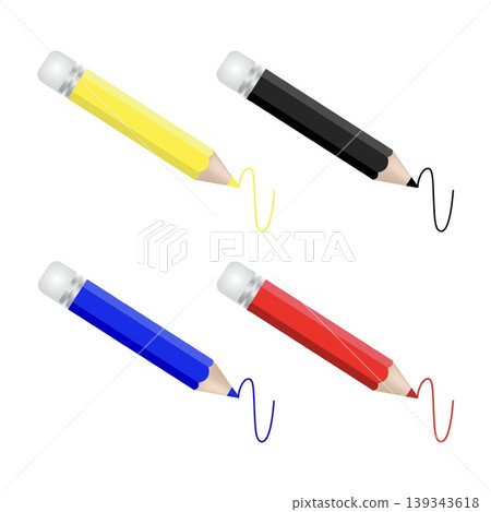 Collection of four stylize, cartoon-like pencils in different colors og blue, red, yellow, and black, with wooden tip, metallic ferrule, and white eraser. Each draw a matching color squiggle. Collection of four stylize, cartoon-like pencils in different colors og blue, red, yellow, and black, with wooden tip, metallic ferrule, and white eraser. Each draw a matching color squiggle. 139343618