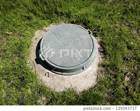 The sewer hatch is lost in the green grass 139343717