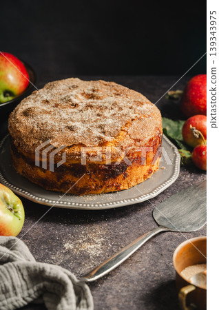 Homemade apple cake with cinnamon dark background, lifestyle moody food photo Homemade apple cake with cinnamon dark background, lifestyle moody food photo 139343975