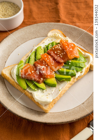 Salmon toast with avocado and cream cheese, breakfast, healthy food 139344032