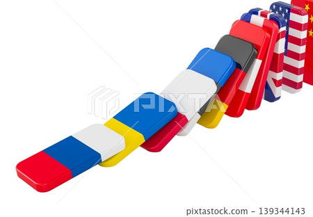 Falling dominoes with flags of Russia, Ukraine, EU countries, Britain, USA and China representing war escalation and regional impact, 3d rendering 139344143