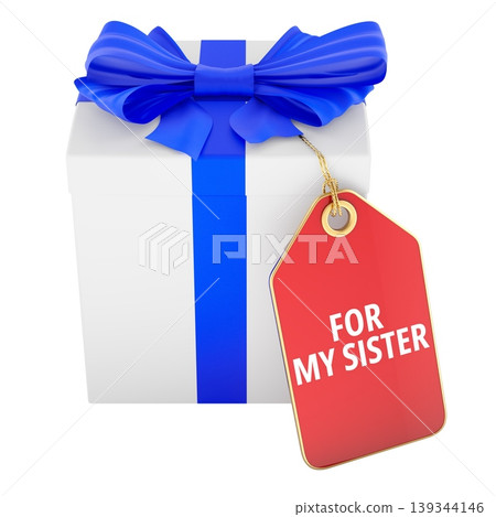 Gift box for my sister tag, 3d rendering Gift box for my sister tag, 3d rendering 139344146
