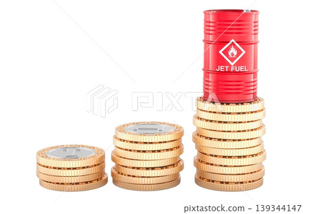 Jet fuel barrel on rising coin stacks. Rising aviation fuel prices, concept. 3d rendering 139344147