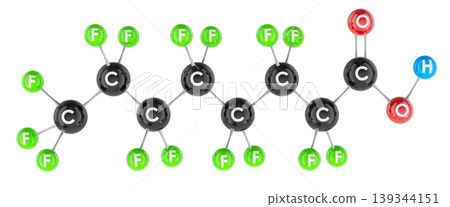 PFOA molecule model, perfluorooctanoic acid. 3d rendering PFOA molecule model, perfluorooctanoic acid. 3d rendering 139344151