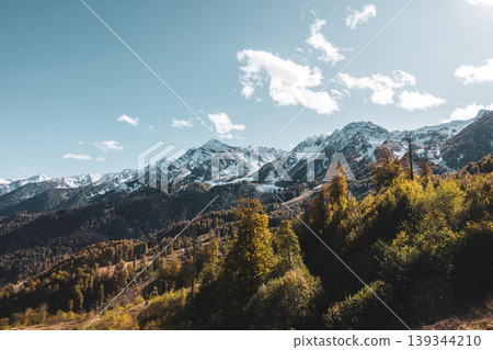 Mountains and trees under a clear sky with snow visible on the peaks Mountains and trees under a clear sky with snow visible on the peaks 139344210