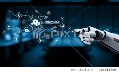 Futuristic robotic hand interacting with automation icons representing technology, innovation, and connectivity in a digital workspace environment Synapse Futuristic robotic hand interacting with automation icons representing technology, innovation, and connectivity in a digital workspace environment Synapse 139344296