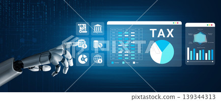 Robotic Hand Interacting with Digital Tax Dashboard Displaying Charts and Data with Blue and Black Background for Financial Technology Concepts Ledger Robotic Hand Interacting with Digital Tax Dashboard Displaying Charts and Data with Blue and Black Background for Financial Technology Concepts Ledger 139344313