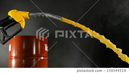 Gasoline jet spraying from fuel nozzle on dark background, no hand visible. Dynamic splash and droplets, refueling concept, energy supply, macro detail, dramatic lighting. Gasoline jet spraying from fuel nozzle on dark background, no hand visible. Dynamic splash and droplets, refueling concept, energy supply, macro detail, dramatic lighting. 139344519