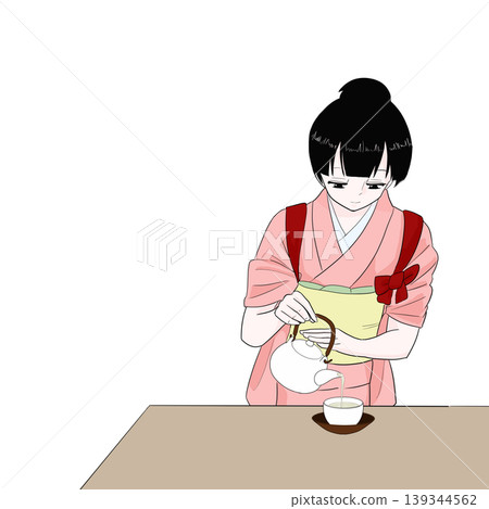 身著和服的女子正在倒茶，腰間繫著腰帶；正面，半身像；日式風格。 139344562