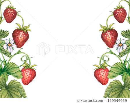 Strawberry border. A horizontal pattern of ripe red strawberries, green leaves, and white flowers. A watercolor illustration of red berry branches for tea, jam, and cosmetic labels Strawberry border. A horizontal pattern of ripe red strawberries, green leaves, and white flowers. A watercolor illustration of red berry branches for tea, jam, and cosmetic labels 139344659