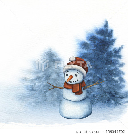 Snowman near a Christmas tree. Watercolor illustration of a cute snowman wearing a red knitted hat and scarf in a winter forest. Illustration of a winter character for New Year's holiday design, card 139344702