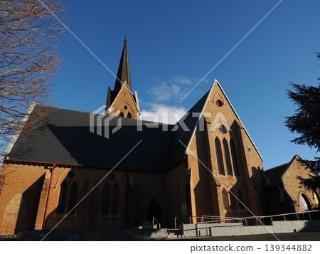 The cathedral's central spire reaches towards the sky—the contrast between the warmth of the brick and the blue sky is striking. 139344882