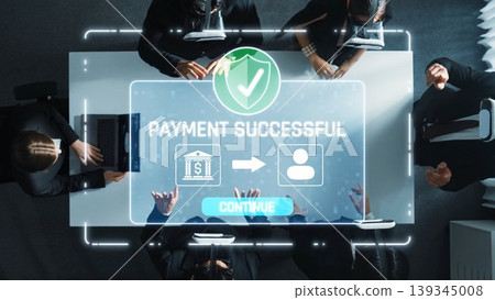 Business Meeting with Digital Payment Confirmation on Screen Highlighting Successful Transaction and Collaboration Among Diverse Professionals. Raster Business Meeting with Digital Payment Confirmation on Screen Highlighting Successful Transaction and Collaboration Among Diverse Professionals. Raster 139345008