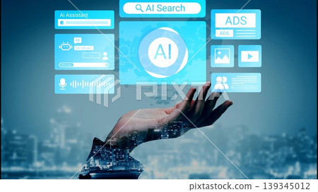 Futuristic Hand Holding AI Interface with Virtual Search and Digital Assistant Overlay in Urban Setting at Dusk Gluon Futuristic Hand Holding AI Interface with Virtual Search and Digital Assistant Overlay in Urban Setting at Dusk Gluon 139345012