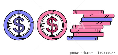 Dollar coins set and stack of money. Financial growth and savings concept in modern flat line style. Vector illustration Dollar coins set and stack of money. Financial growth and savings concept in modern flat line style. Vector illustration 139345027
