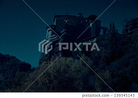 Rusanu Monastery in Meteora at night, Greece Rusanu Monastery in Meteora at night, Greece 139345143