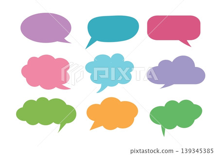 Colorful speech bubble icon set to communication geometric graphic element, Illustrator vector. Colorful speech bubble icon set to communication geometric graphic element, Illustrator vector. 139345385