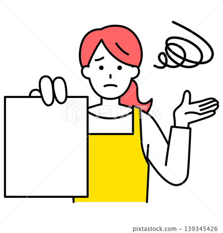 A woman in an apron is shown some documents and appears distressed. A woman in an apron is shown some documents and appears distressed. 139345426