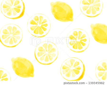 Watercolor lemon background illustration material with a layout of sliced and whole lemons scattered around. Transparent background. Watercolor lemon background illustration material with a layout of sliced and whole lemons scattered around. Transparent background. 139345982