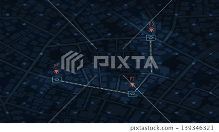 Route on the map of city, with buildings and roads. Vector illustration on black background Route on the map of city, with buildings and roads. Vector illustration on black background 139346321