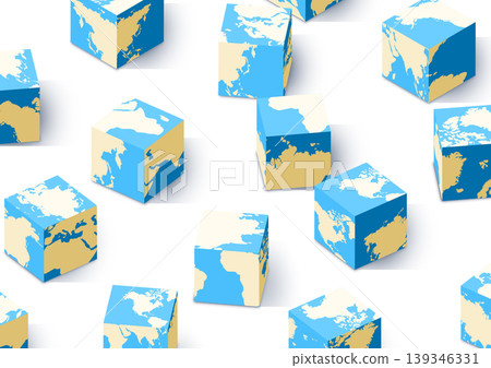 Cubes with world map on it. Abstract cubes with maps. Varying sizes map. Vector illustration on white background Cubes with world map on it. Abstract cubes with maps. Varying sizes map. Vector illustration on white background 139346331