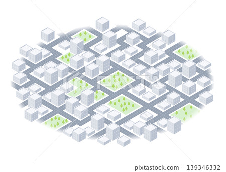 Cityscape, featuring numerous buildings and trees. 3D buildings of various sizes in city. Vector illustration on white background 139346332