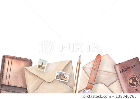 Hand-painted watercolor frame, retro envelopes, letters, pencil, watch, stamps, wallet, passport isolated on white for postal branding, packaging, scrapbooking, planners, blogging, design, banners Hand-painted watercolor frame, retro envelopes, letters, pencil, watch, stamps, wallet, passport isolated on white for postal branding, packaging, scrapbooking, planners, blogging, design, banners 139346765