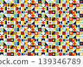 Vibrant seamless Bauhaus geometric pattern with abstract shapes, colorful mosaic, and grid. 139346789