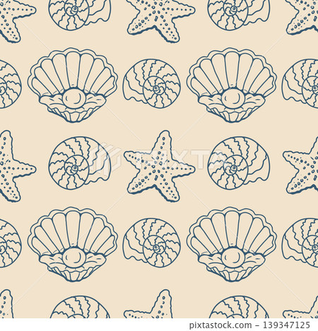 Hand drawn seamless marine vector pattern with tropical sea shells. 139347125