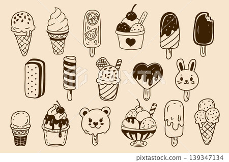 Vector hand drawn doodle set of ie creams. Line art illustration perfect for summer design. Vector hand drawn doodle set of ie creams. Line art illustration perfect for summer design. 139347134