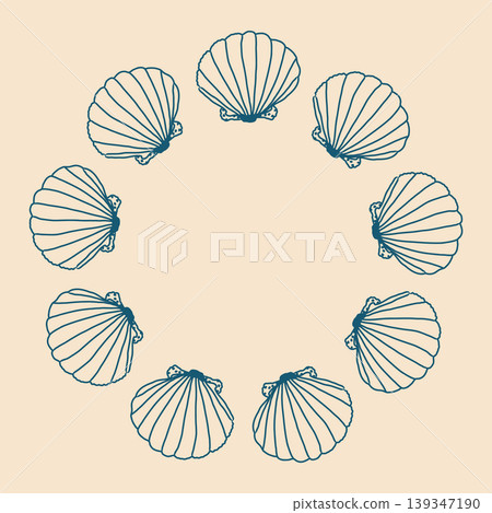 Hand drawn tropical sea shells circular frame vector template. Decorative marine frame, seashells wreath perfect for greeting cards and summer design. 139347190