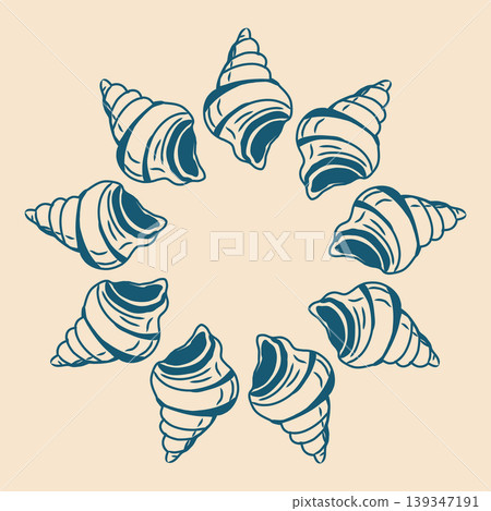 Hand drawn tropical sea shells circular frame vector template. Decorative marine frame, seashells wreath perfect for greeting cards and summer design. 139347191