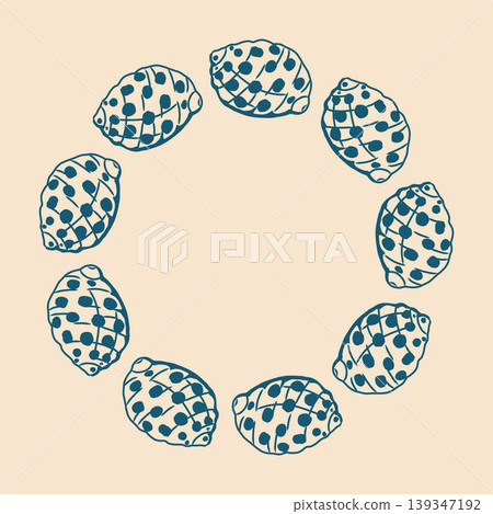 Hand drawn tropical sea shells circular frame vector template. Decorative marine frame, seashells wreath perfect for greeting cards and summer design. 139347192