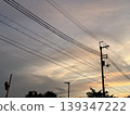 電線桿和輸電線路的輪廓延伸到暮色的天空。 139347222