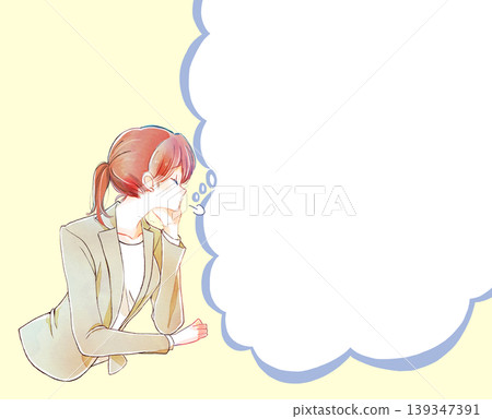 Sighing female office worker cloud-shaped speech bubble Sighing female office worker cloud-shaped speech bubble 139347391