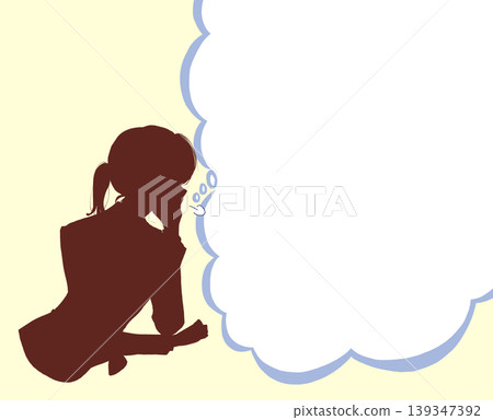A female office worker sighs; silhouette; cloud-shaped speech bubble. A female office worker sighs; silhouette; cloud-shaped speech bubble. 139347392