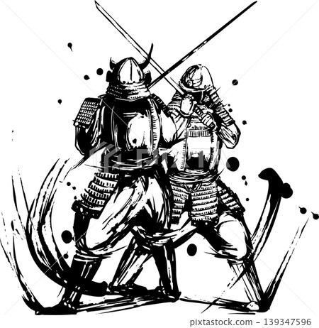 Ink painting illustration of armored samurai locked in a sword fight. 139347596