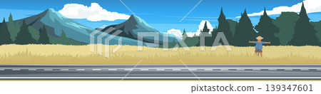 Horizontal or Landscape view of asphalt road with dry grass. Tall dry grassland with scarecrow man. Background of pine forest and mountain under blue sky and white clouds. for banner background. Horizontal or Landscape view of asphalt road with dry grass. Tall dry grassland with scarecrow man. Background of pine forest and mountain under blue sky and white clouds. for banner background. 139347601