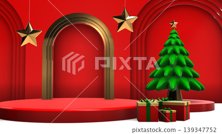 3D christmas festive pedestal podium with gold arch and christmas decorations 3D christmas festive pedestal podium with gold arch and christmas decorations 139347752