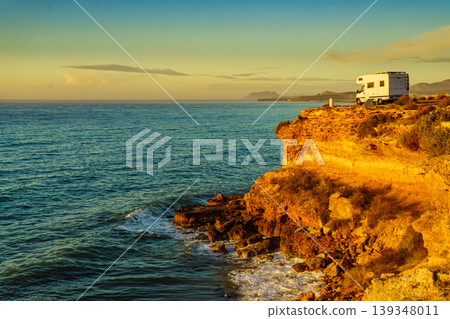 Camper vehicle capming on coast cliff, region of Mazarron in Murcia Spain. Camper vehicle capming on coast cliff, region of Mazarron in Murcia Spain. 139348011