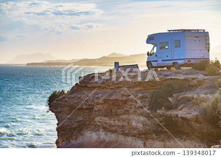 Camper vehicle capming on coast cliff, region of Mazarron in Murcia Spain. 139348017