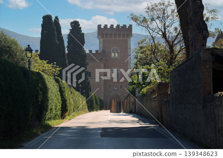 Bolgheri castle tower on a sloping road 139348623