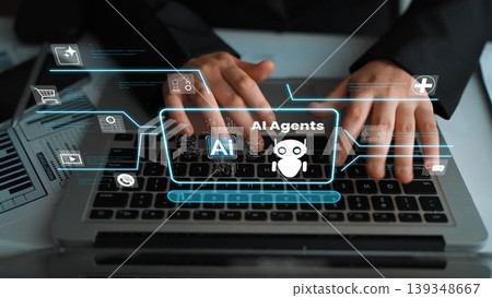Futuristic Concept of AI Agents on Laptop with Hands Typing Surrounded by Digital Icons Representing Technology and Innovation Gluon Futuristic Concept of AI Agents on Laptop with Hands Typing Surrounded by Digital Icons Representing Technology and Innovation Gluon 139348667