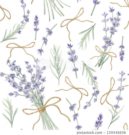 Watercolor lavender seamless pattern with bouquets and jute bows. Hand drawn botanical background for fabric, wallpaper and spa packaging. Purple floral design isolated on white background. Watercolor lavender seamless pattern with bouquets and jute bows. Hand drawn botanical background for fabric, wallpaper and spa packaging. Purple floral design isolated on white background. 139348836