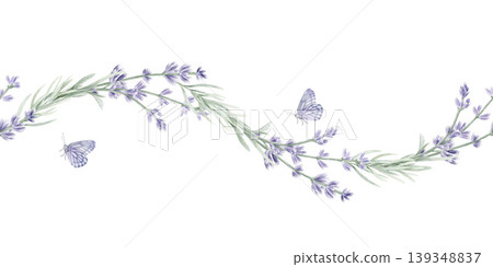 Watercolor lavender seamless border with butterflies. Hand drawn botanical wave of purple flowers for wedding invitations, spa decor, and stationery. Floral frame isolated on white background. Watercolor lavender seamless border with butterflies. Hand drawn botanical wave of purple flowers for wedding invitations, spa decor, and stationery. Floral frame isolated on white background. 139348837