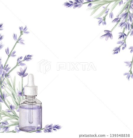 Watercolor lavender frame with glass dropper bottle. Botanical floral border for essential oil, serum, organic cosmetics branding and spa wellness design. Hand drawn isolated on white background. Watercolor lavender frame with glass dropper bottle. Botanical floral border for essential oil, serum, organic cosmetics branding and spa wellness design. Hand drawn isolated on white background. 139348838