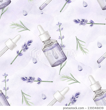 Watercolor lavender essential oil seamless pattern. Glass dropper bottles with purple liquid, lavender sprigs and drops. Aromatherapy and spa background for skincare, organic cosmetics, wellness. Watercolor lavender essential oil seamless pattern. Glass dropper bottles with purple liquid, lavender sprigs and drops. Aromatherapy and spa background for skincare, organic cosmetics, wellness. 139348839