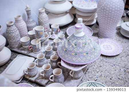 Colorful ceramic pottery collection featuring intricately designed cups, plates, and vases arranged on a textured surface, showcasing craftsmanship and artistic detail Colorful ceramic pottery collection featuring intricately designed cups, plates, and vases arranged on a textured surface, showcasing craftsmanship and artistic detail 139349013