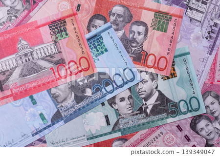 Dominican republic money, peso currency, banknotes of various denominations. Dominican money, peso Dominican republic money, peso currency, banknotes of various denominations. Dominican money, peso 139349047